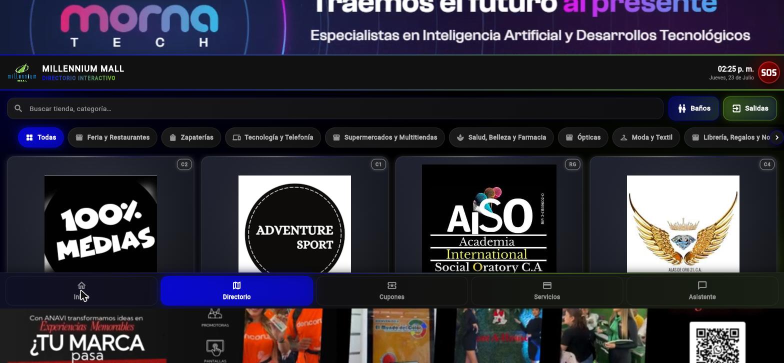 Directorio de tiendas del Millennium Mall en la pantalla táctil