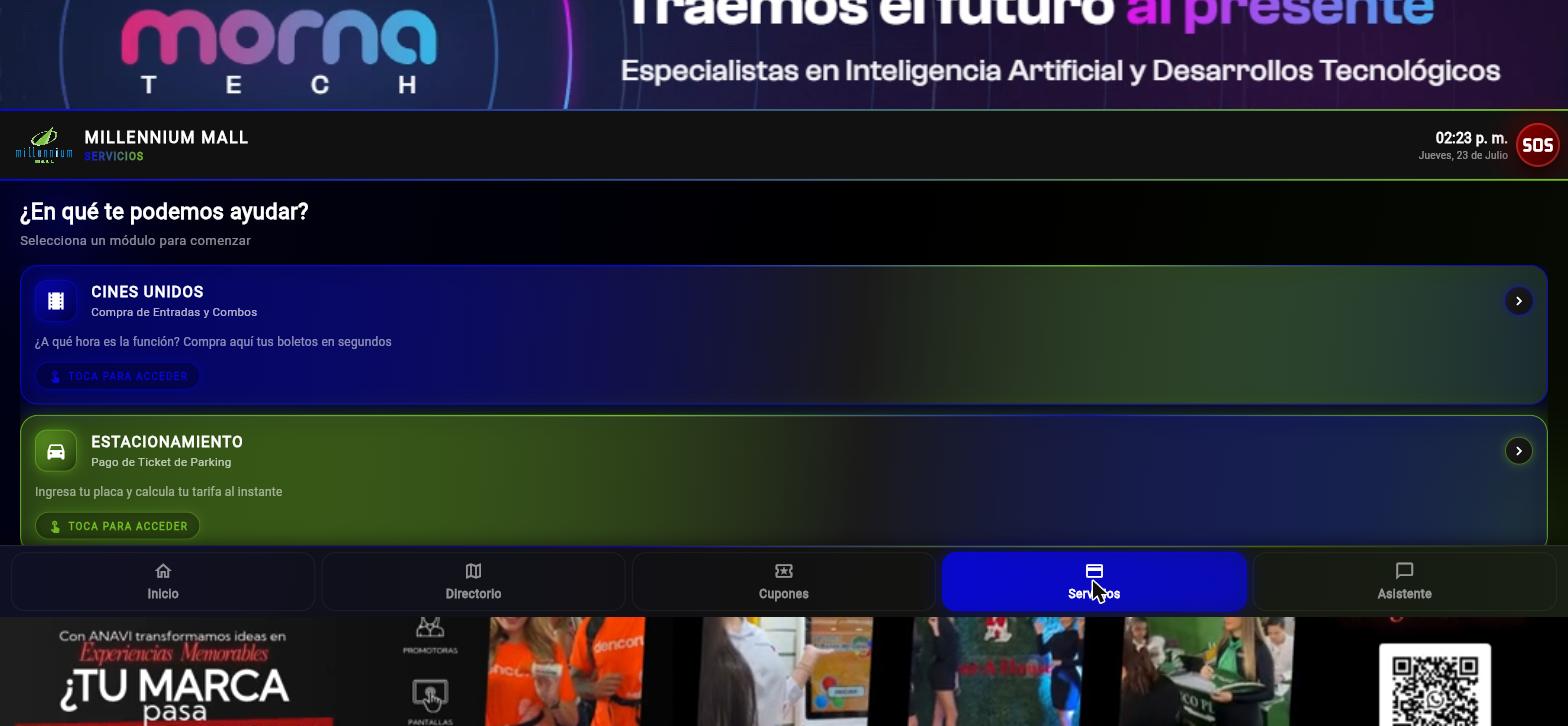 Pantalla de servicios: parqueo, cines y WiFi